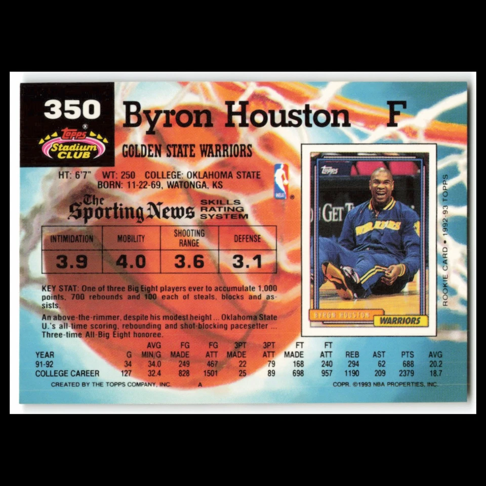 Byron Houston Rookie #350 1992 Topps Stadium Club Golden State Warriors Card NBA - Image 2 of 3