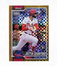 2026 Topps Chrome #73 Justin Crawford 18/50 Gold Xfractor Rookie Card Phillies. rookie card picture