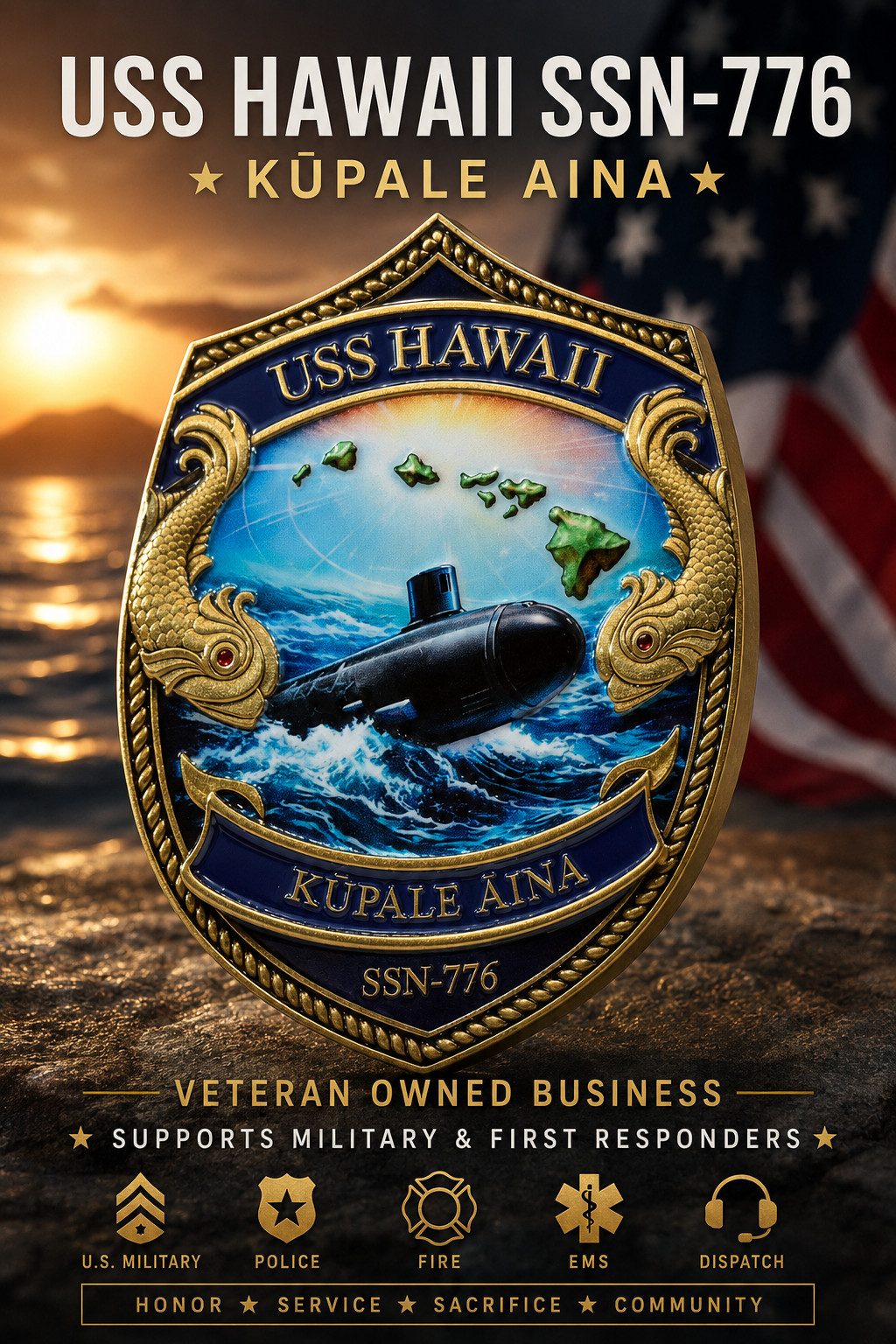 USS Hawaii SSN-776 Challenge Coin Virginia-Class Submarine US Navy 222