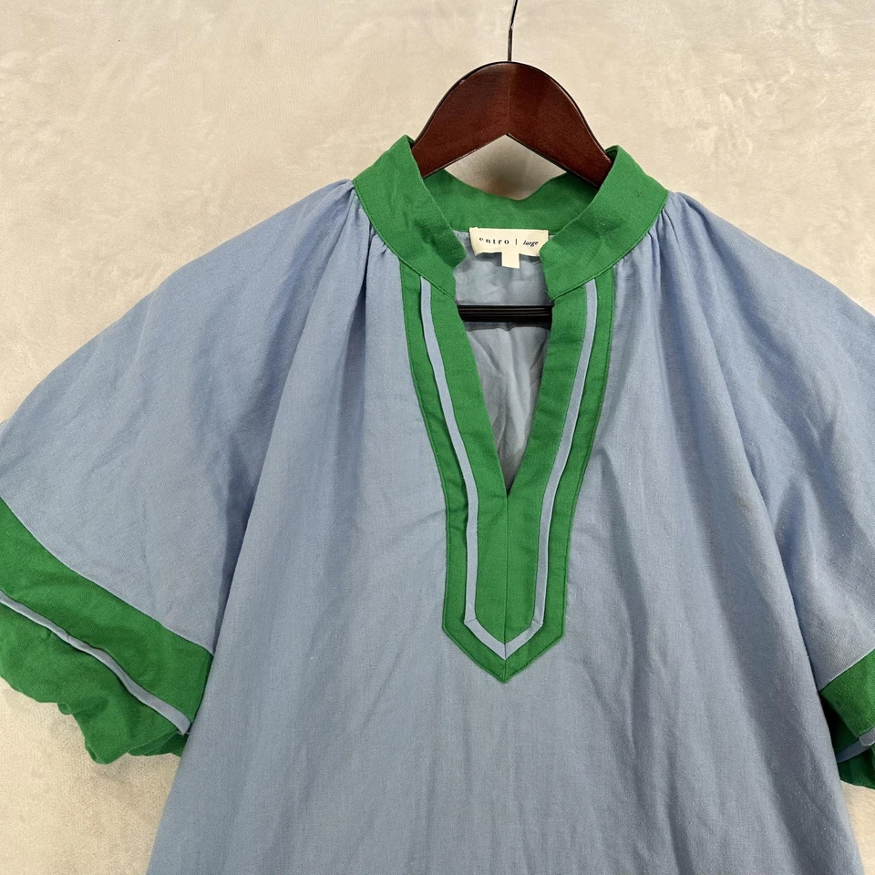 Vestido Entro para mujer grande azul verde mezcla de lino túnica cuello en V manga abullonada boho Foto 2 de 4