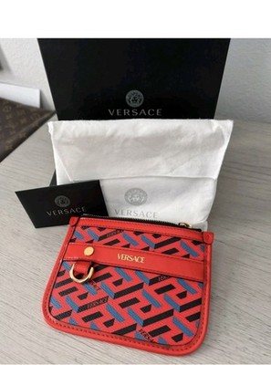 Versace  Coated Canvas Calfskin La Greca Modular Zip Pouch Blue Red (NWT)