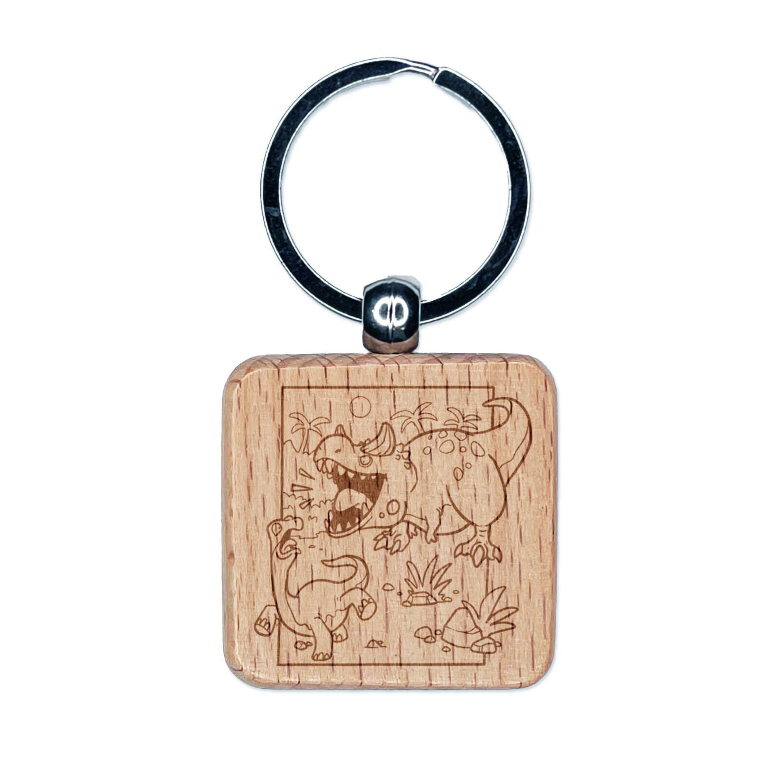 Carnotaurus Horned Dinosaur Roaring Engraved Wood Square Keychain Tag Charm