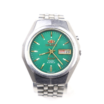 Vintage ORIENT 3 Star Crystal 21J Automatic 0S469C066 Watch Green Dial Day/Date