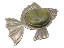 MEXICO 925 Sterling Silver Vintage Antique Jasper Fish Brooch Pin BP5217