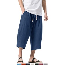 Men's Cotton Linen 3/4 Capri Pants Elastic Waist Loose Fit Baggy Harem Shorts