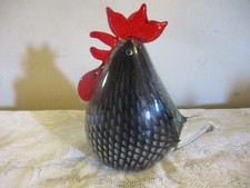 HANDBLOWN GLASS ROOSTER PAPERWEIGHT FIGURINE, BLACK & WHITE CHICKEN