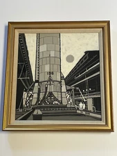 ANTIQUE VINTAGE INDUSTRIAL WPA PAINTING OLD TECHNOLOGY FACTORY MYSTERY ARTIST