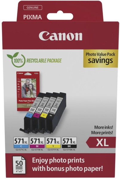4 Canon Druckerpatronen Tinte CLI-571 Xl Bk/C/M/Y Photo Value Pack + Fotopapier-image