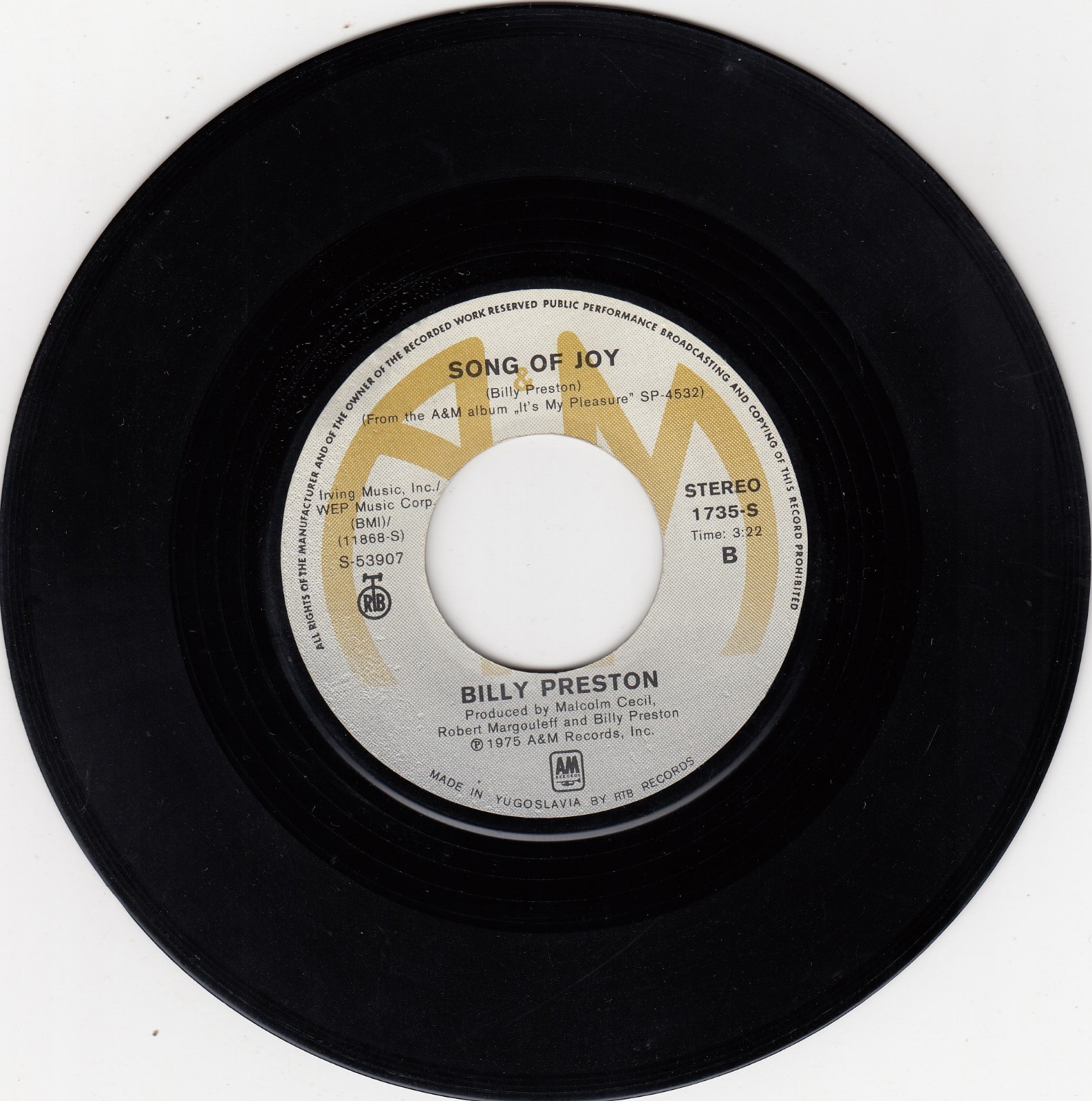 BILLY PRESTON FANCY LADY / SONG OF JOY 1975 RECORD YUGOSLAVIA 7