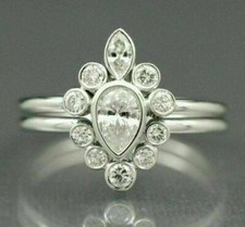 1.80Ct Pear Cut Cubic Zirconia Bezel Wedding Bridal Ring Set 925 Sterling Silver