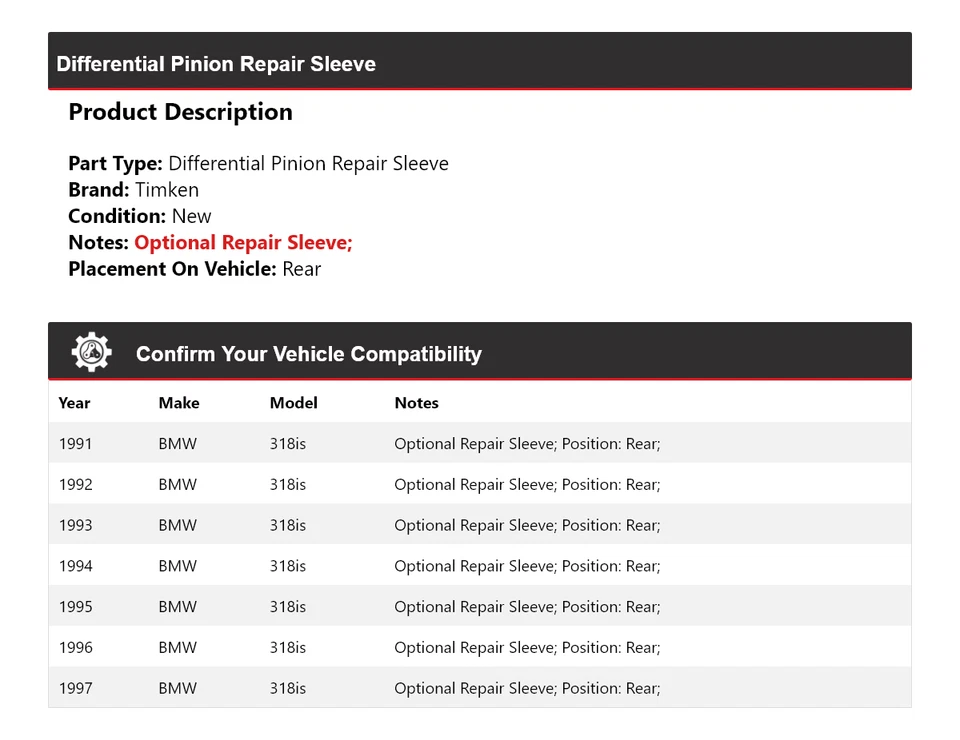 For 1991-1997 BMW 318is Differential Pinion Repair Sleeve Rear Timken 1992 1993 - Image 2 of 4