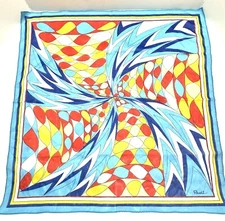 VTG MCM Pinwheel Geometric Blue, Scarf signed Paoli