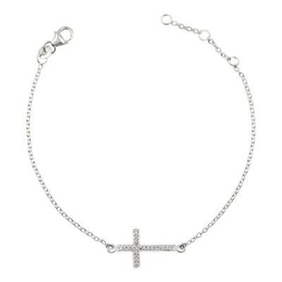 925 Silver Dainty Big Cross CZ Bracelet Free Gift Velvet  Pouch