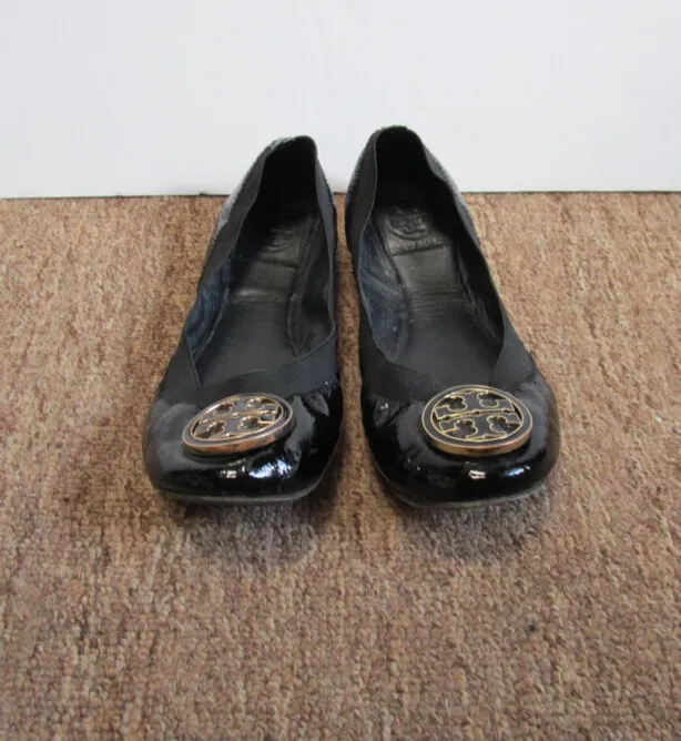 Tory Burch Caroline Black Leather Elastic Trim Ballet Flats Shoes