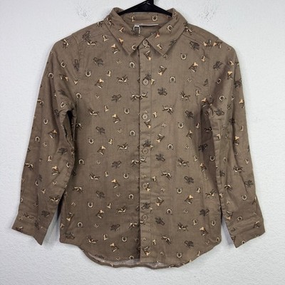 Rachel Riley Button Down Shirt Boys 10Y Brown Equestrian Horse Western Cowboy