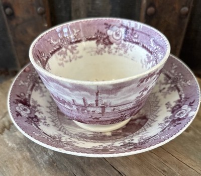 Antique Mulberry Transferware Handleless Cup American Scenery Staffordshire