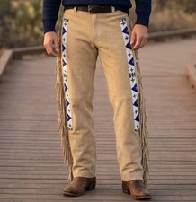Native American Suede Leather Pants Fringes Beads Western Cowboy, NEW Beige
