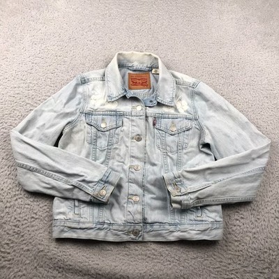 Levis Floral Embroidery Trucker Jacket Womens M Light Wash Denim Jean Coat *Flaw