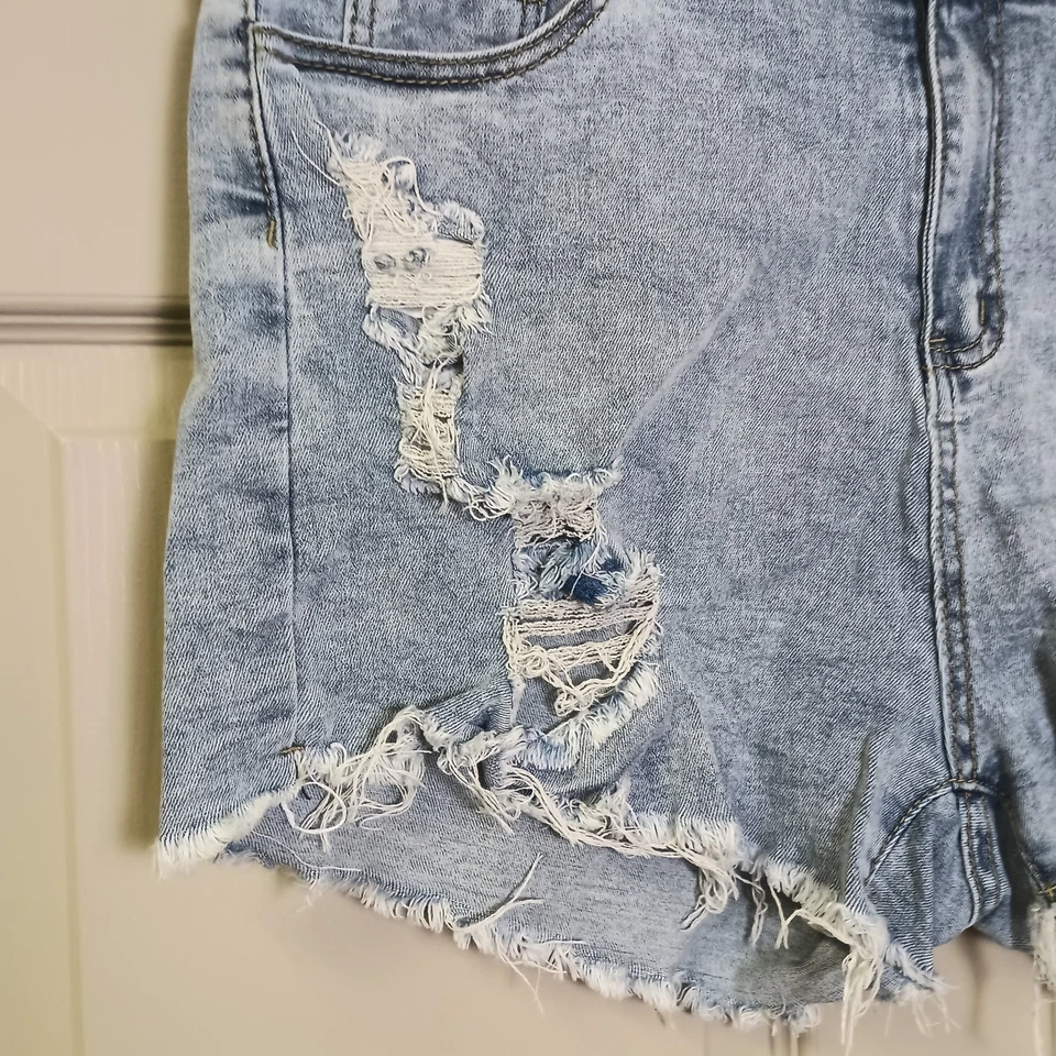 Pantalones Cortos Jean Corte Talla 18 Lavado Ligero Envejecido Rasgado Dobladillo Crudo Algodón Spandex Foto 3 de 4