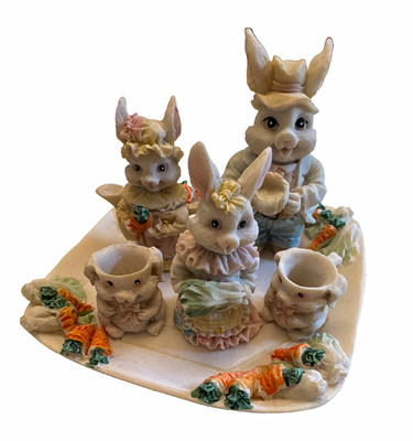 Ceramic Easter Rabbit Figurine Set w/ Carrot Display Tray and Small Cups