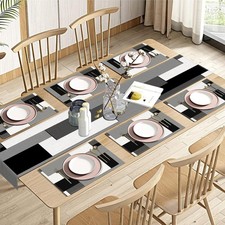 Black Grey Table Runner and Placemats Set of 6, Modern Geometric Abstract Painti
