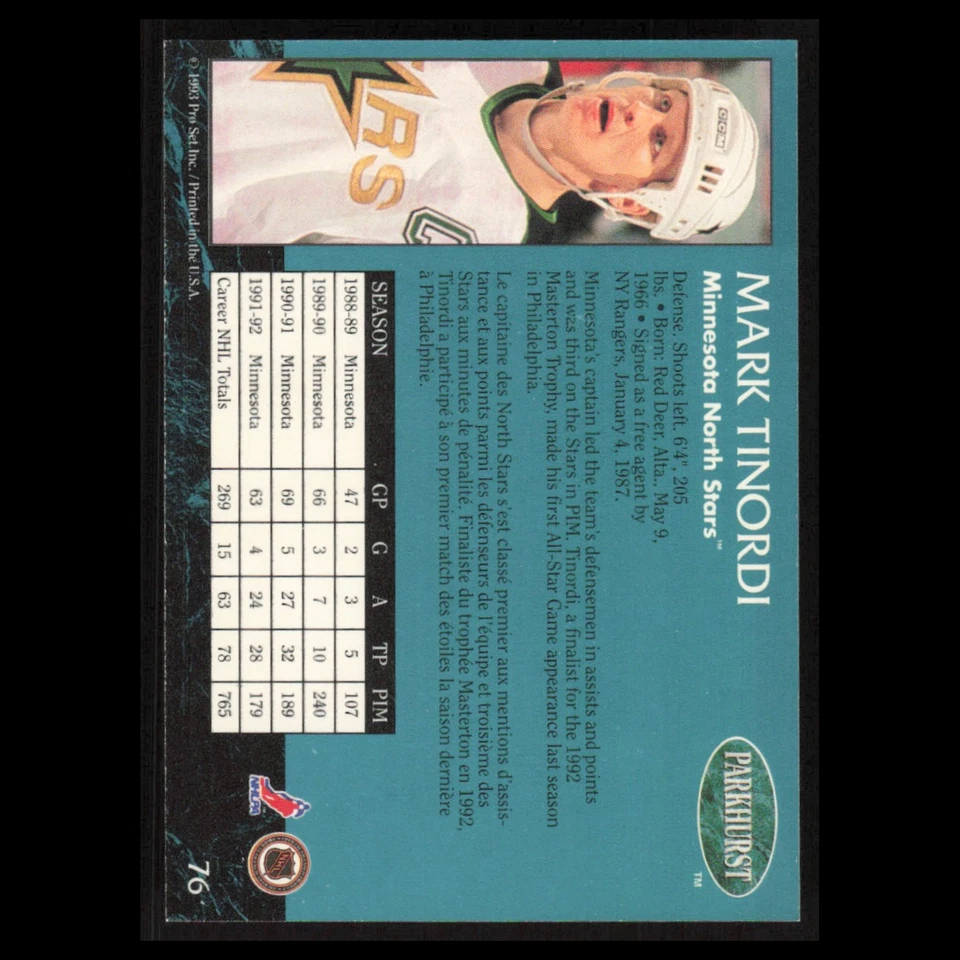 Mark Tinordi #76 1992 Parkhurst Minnesota North Stars Hockey Card NHL NM - Image 2 of 3