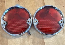 2 VTG GM GUIDE STIMSONITE Red Glass ROUND Taillights R-45 Chrome Bezel Gaskets
