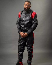 Men Jogging Tracksuit Men Genuine Leather Track Suit Sweatsuit Black/Red