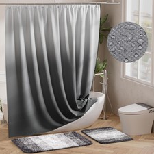 15 PCS Grey Waffle Shower Curtain Set Rugs Hooks Ombre Waterproof Gown