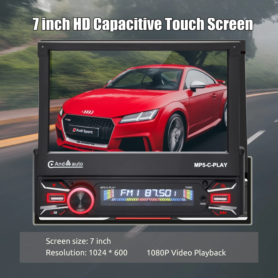 Single 1 Din Car 7'' Stereo Radio Carplay Flip Out Touch Screen Automatic FM+Cam - Image 3 of 4