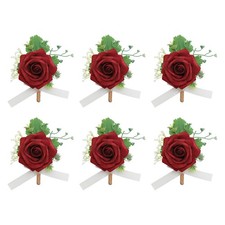 6 PCS Red Artificial Flower Boutonniere Set with Pins for Groom Groomsmen
