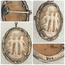 ANTIQUE 800 Silver Shell Cameo Three Graces Marcasite Brooch Pendant c1930