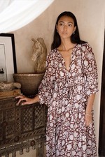 Daughters of India Kyra Midi Dress Cotton Boho Floral Flowy Wine Dark Red S