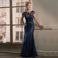 Navy Mermaid Wedding Lace Mother of The Bride Dress Scoop Neck Sequin Applique