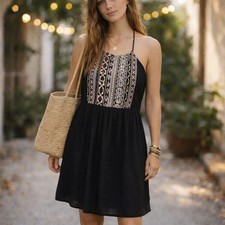 Hollister Sundress Black Embroidered Geometric Boho Mini Size M
