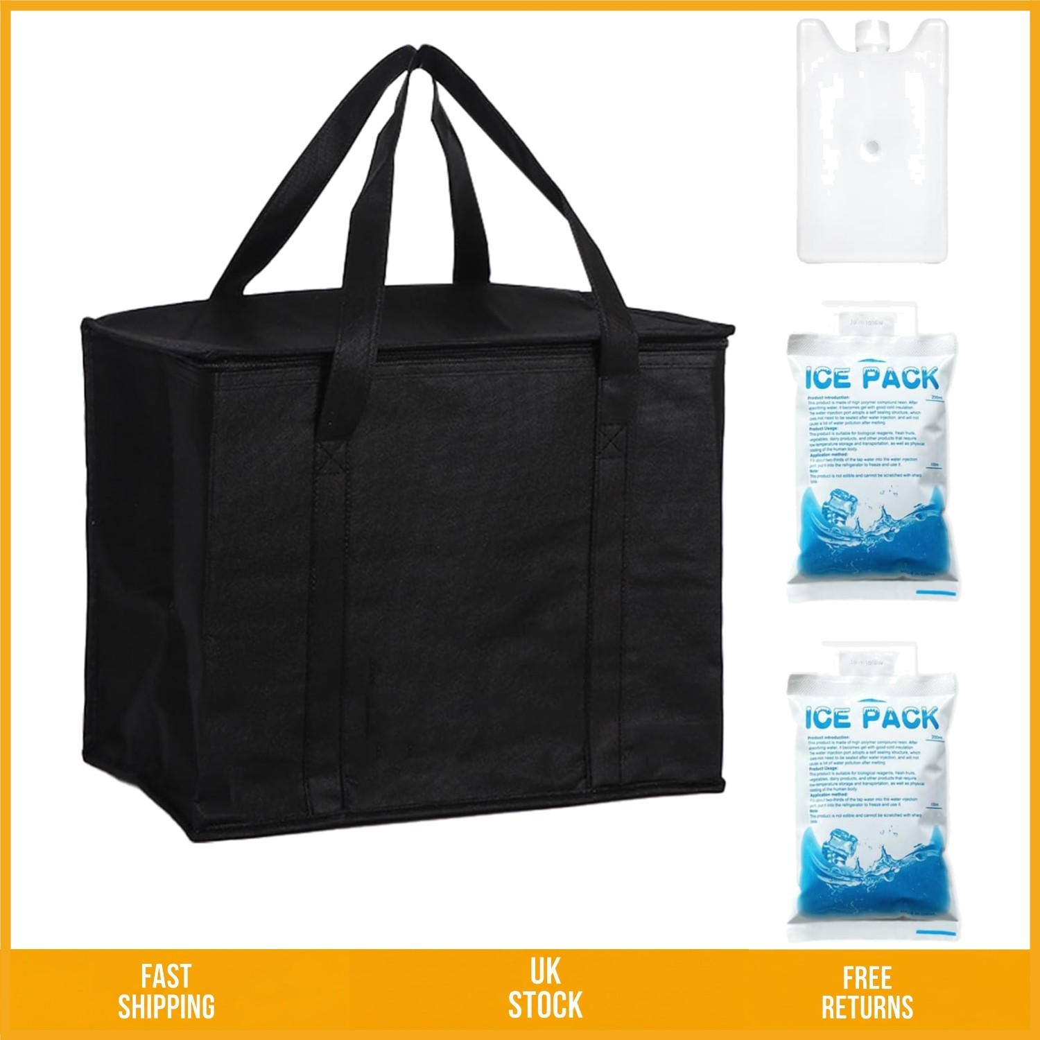 Large Insulated Thermal Food Delivery Bag with 3 Ice Packs 35L