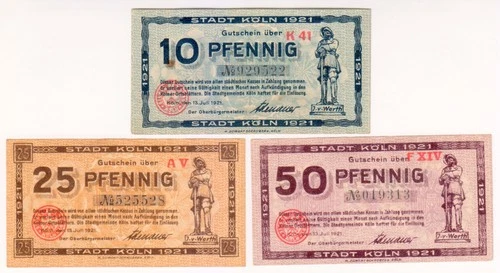 1921 Germany Koln Lot 10, 25, 50 Pfennig Paper Money Banknotes2
