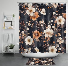 Watercolor Green Leaf Orange Wildflower Shower Curtain Bathroom Accessories Set