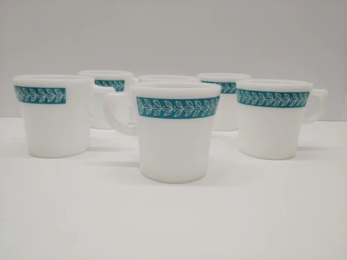 Anchor Hocking Leaf Pattern Fire King 350 Coffee Cup 912 Vntg Milk Glass - 6 Set