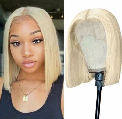 Human Hair HD Front Lace Wig 12 Inch Bob Short Blonde Brazilian Style Dye Heat 