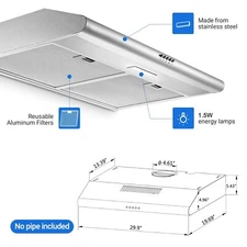 30 in Kitchen Under Cabinet Range Hood Stainless Steel 250CFM w/Carbon Filter
