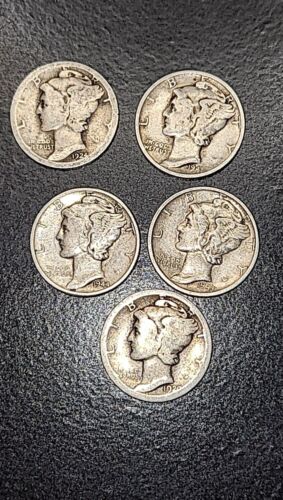 [Lot of 5] Mercury Dimes 90% Silver ~ 1924 P 1920 P 1941 P 1943 D 1944 D  - Picture 1 of 2
