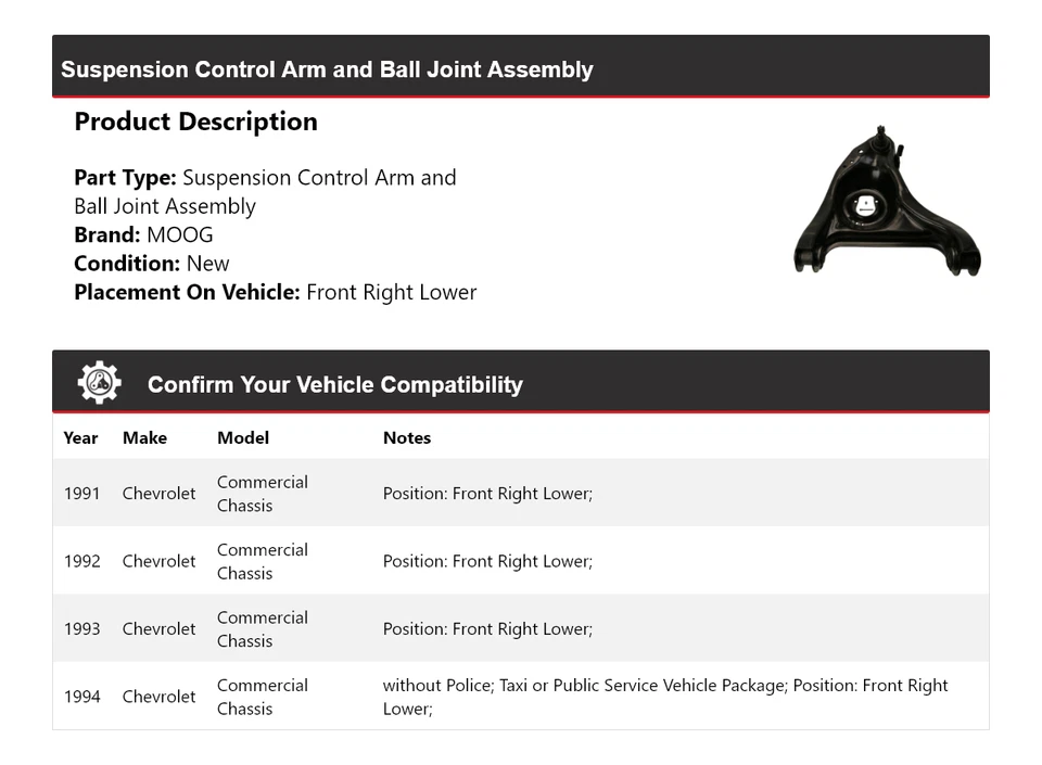 Brazo de control de chasis comercial delantero derecho inferior MOOG para Chevrolet 1991-1994 Foto 2 de 4