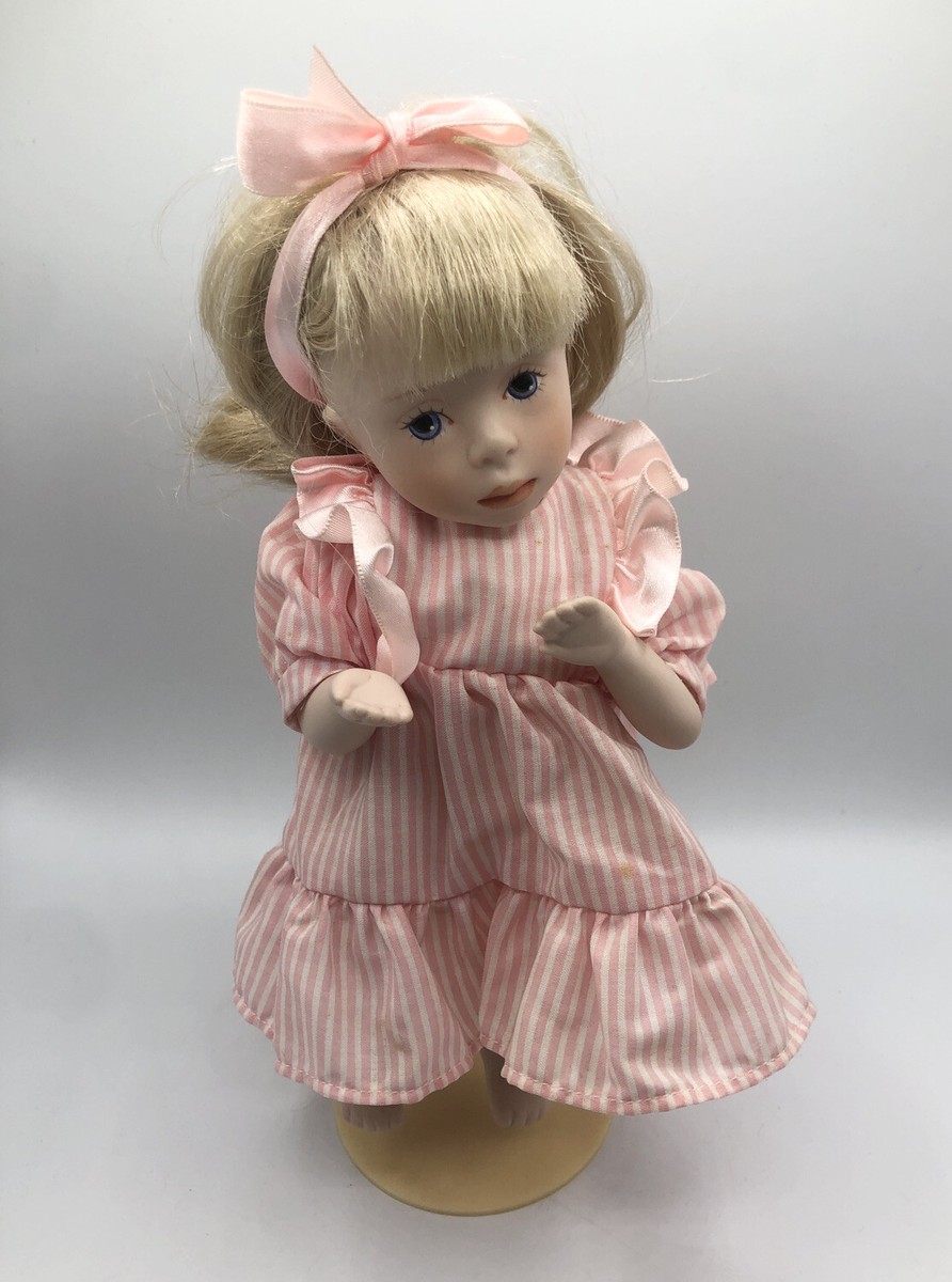 Franklin Mint Heirloom Porcelain Pink Dress Girl Doll With Stand