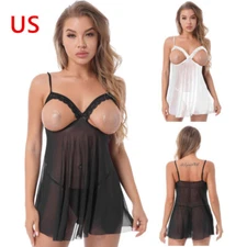 US Womens Sheer Mesh Lingerie Set Nightwear Plus Size Lace Trim Open Cup Dresses