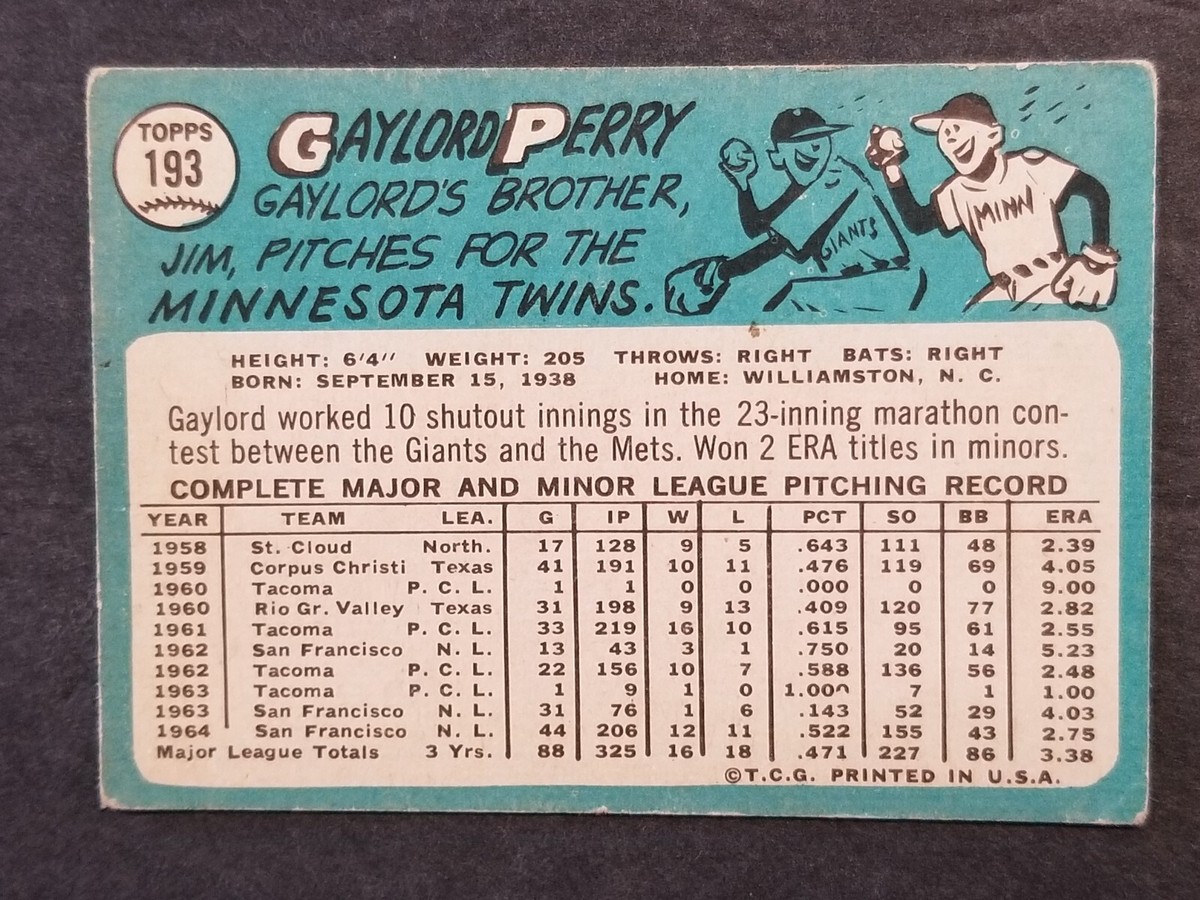 1965 TOPPS BASEBALL CARD GAYLORD PERRY #193 VG RANGE BV $20 (DS