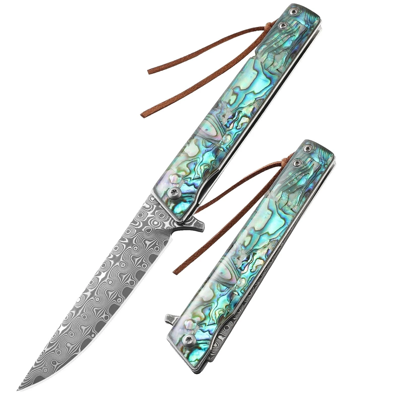 Damascus Steel Blade Shell Handle Pocketknife Collectible Folding Knives