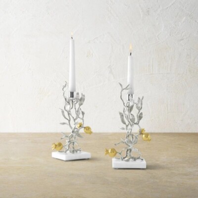 MICHAEL ARAM POMEGRANATE SILVER/GOLD CANDLEHOLDERS 174113.NEW IN BOX.