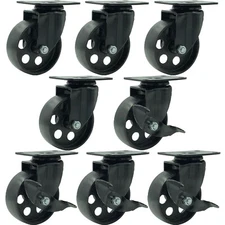 8 All Black Metal Swivel Plate Caster Wheels w/ Brake Heavy Duty (3.5" Combo)