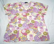absolute scrub top women's large floral v-neck 2 pocket short sleeve